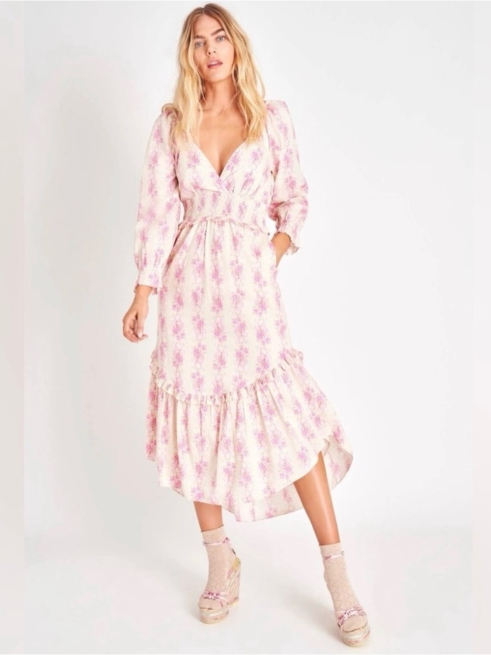 LoveShackFancy Firefly Cream & Pink Floral Smocked Waist Maxi Dress, Sz L, EUC!